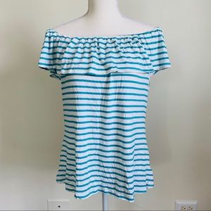 Maison Jules Off The Shoulder Blue White Striped Top Size L